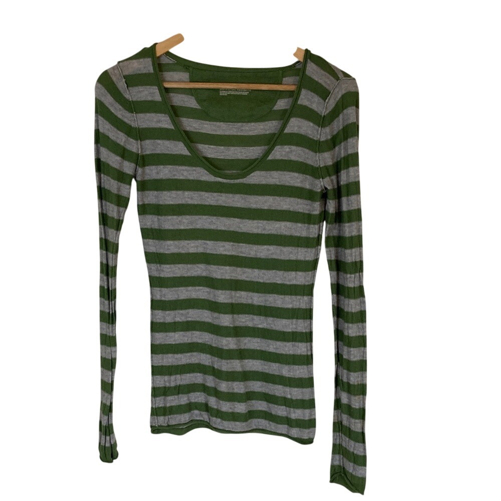 Mossimo Womens Green Striped Long Sleeve Top Size L Scoop Neck Long Fitted Y2k